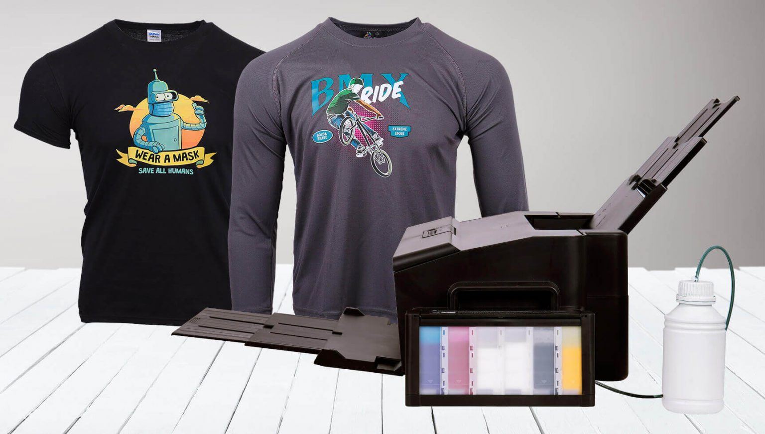 DTF printer with custom printed apparel samples